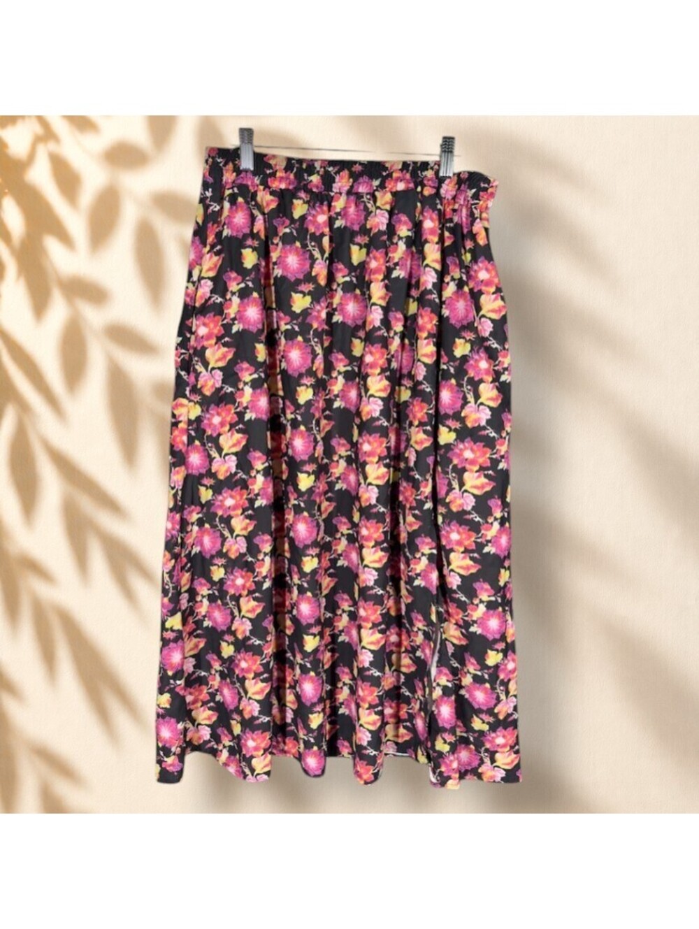 Kate Kasin Skirt Women 2XL Black Floral A-Line Midi Mid Rise Elastic Waist